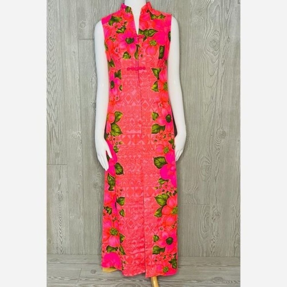Vintage Hawaiian togs embroidered long dress beach beautiful floral pink sz  xxs